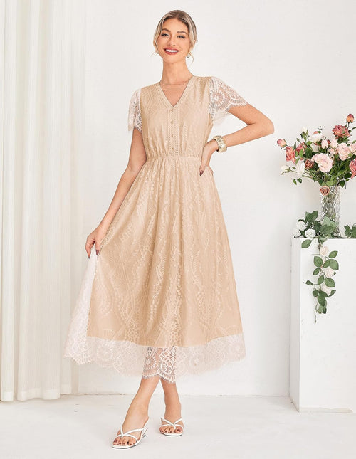 GRACE KARIN Women's V Neck Short Sleeve Buttons Floral Lace Wedding Dress Bridesmaid Cocktail Party Maxi Dress - 7DAY'S