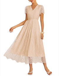 GRACE KARIN Women's V Neck Short Sleeve Buttons Floral Lace Wedding Dress Bridesmaid Cocktail Party Maxi Dress - 7DAY'S