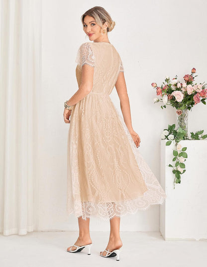 GRACE KARIN Women's V Neck Short Sleeve Buttons Floral Lace Wedding Dress Bridesmaid Cocktail Party Maxi Dress - 7DAY'S