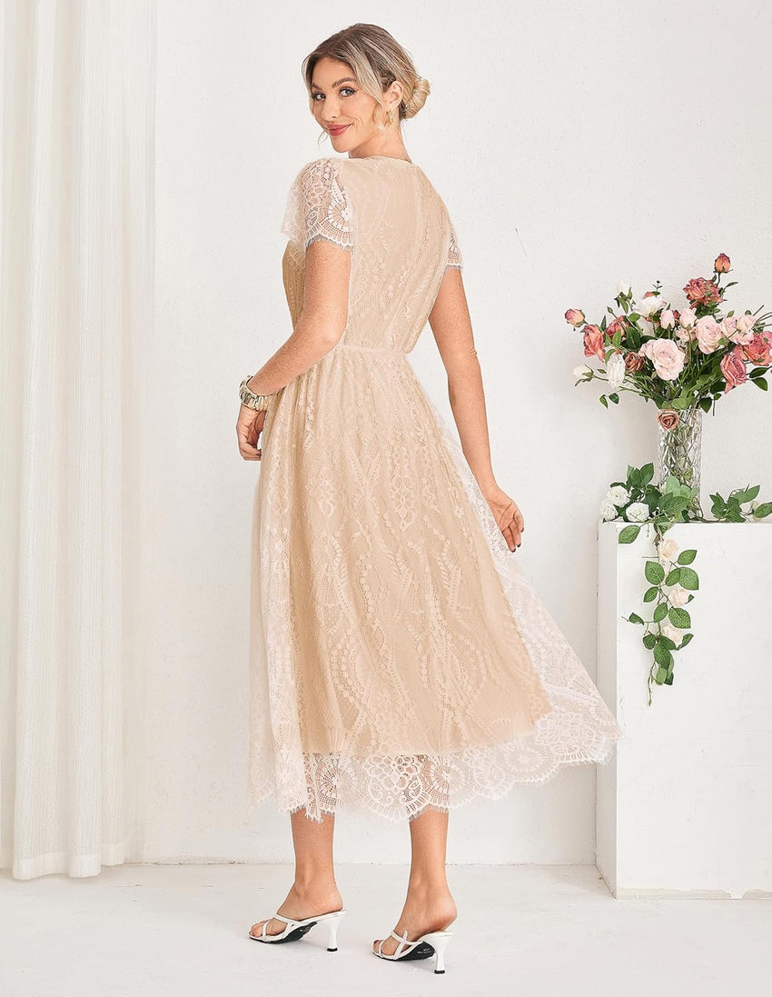 GRACE KARIN Women's V Neck Short Sleeve Buttons Floral Lace Wedding Dress Bridesmaid Cocktail Party Maxi Dress - 7DAY'S