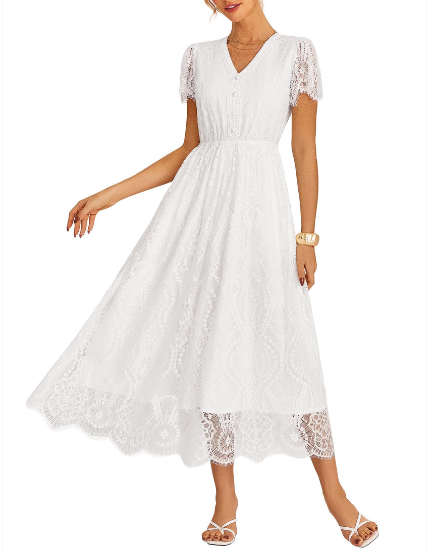 GRACE KARIN Women's V Neck Short Sleeve Buttons Floral Lace Wedding Dress Bridesmaid Cocktail Party Maxi Dress - 7DAY'S