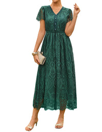 GRACE KARIN Women's V Neck Short Sleeve Buttons Floral Lace Wedding Dress Bridesmaid Cocktail Party Maxi Dress - 7DAY'S