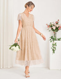GRACE KARIN Women's V Neck Short Sleeve Buttons Floral Lace Wedding Dress Bridesmaid Cocktail Party Maxi Dress - 7DAY'S