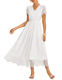 GRACE KARIN Women's V Neck Short Sleeve Buttons Floral Lace Wedding Dress Bridesmaid Cocktail Party Maxi Dress - 7DAY'S
