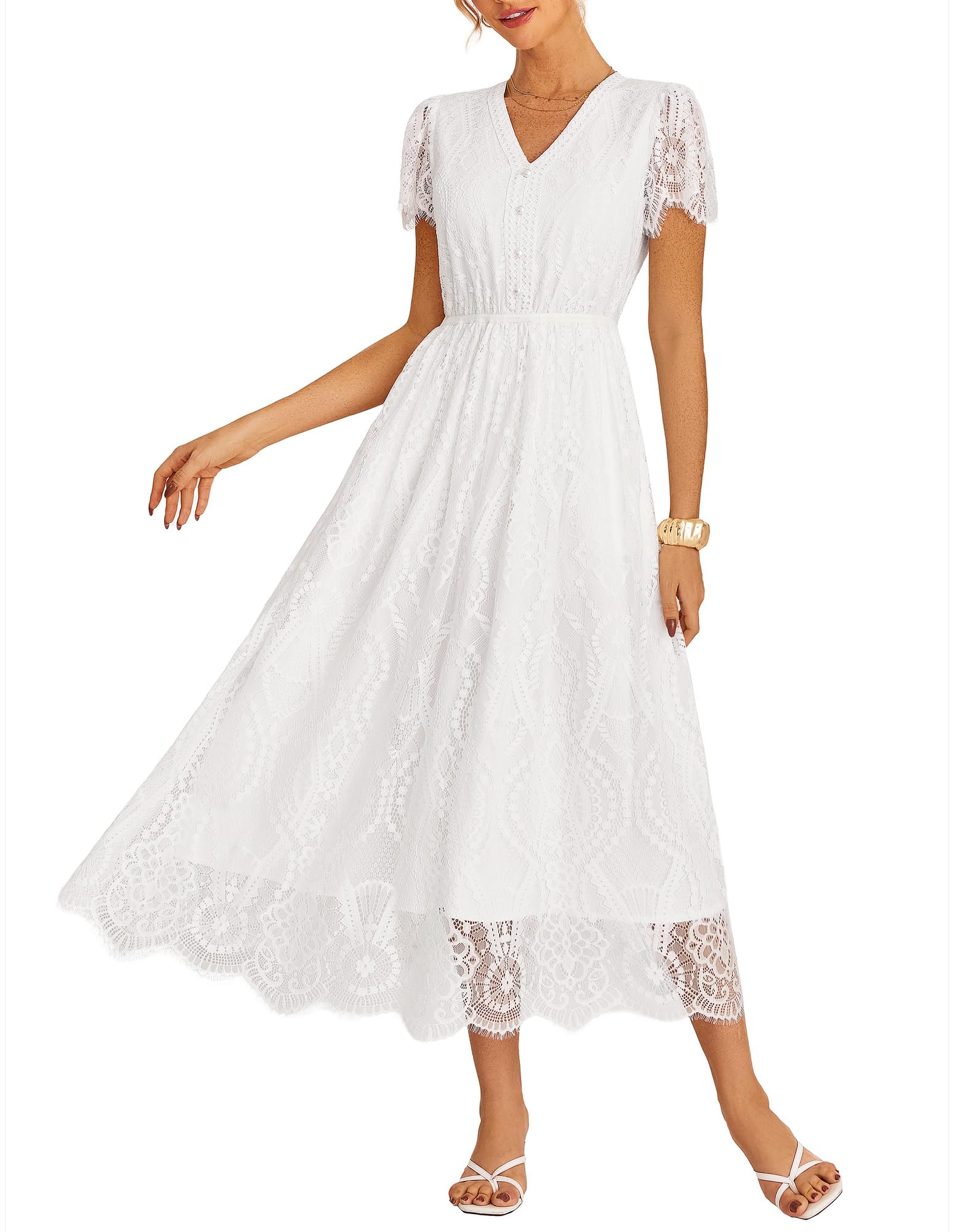 GRACE KARIN Women's V Neck Short Sleeve Buttons Floral Lace Wedding Dress Bridesmaid Cocktail Party Maxi Dress - 7DAY'S