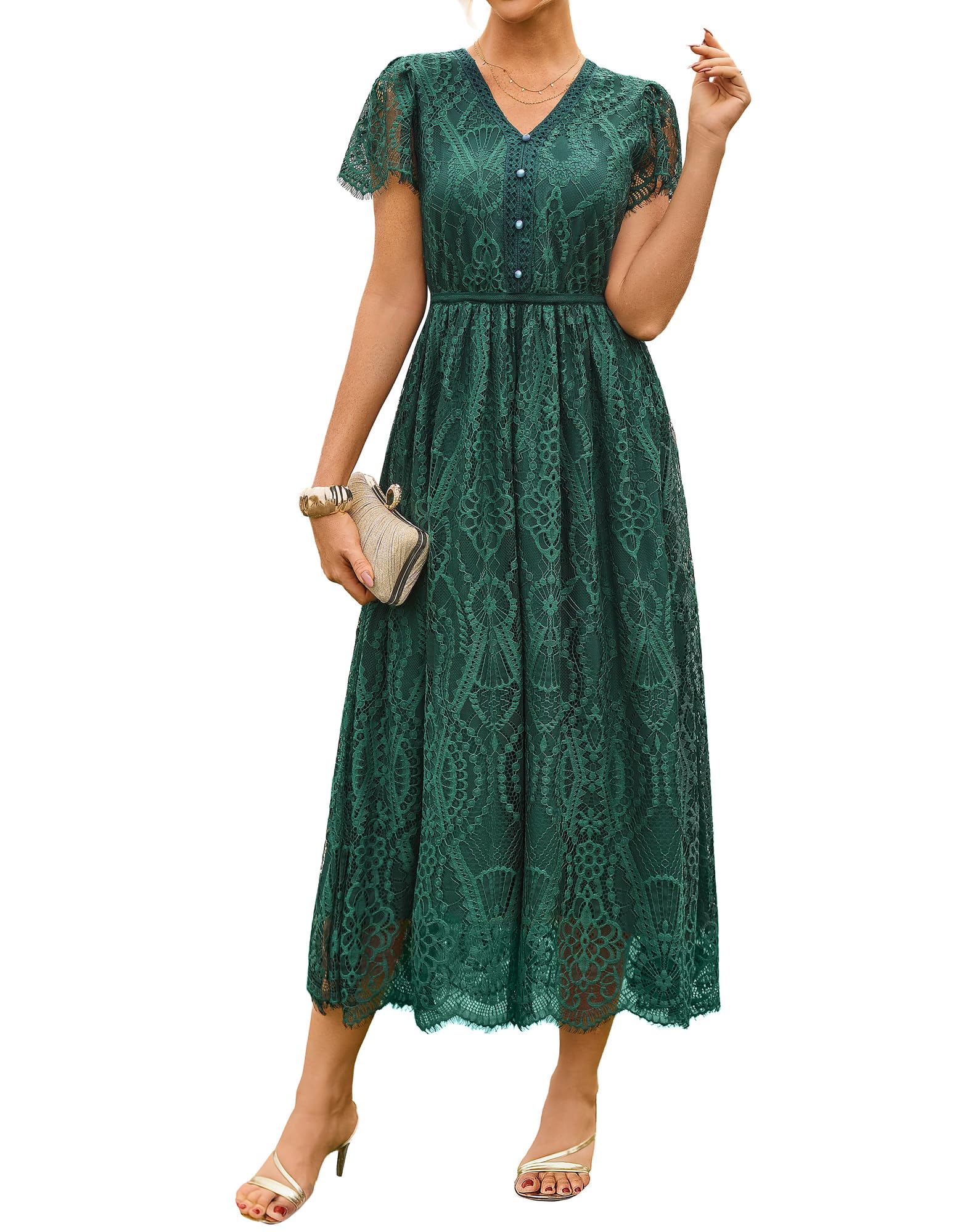 GRACE KARIN Women's V Neck Short Sleeve Buttons Floral Lace Wedding Dress Bridesmaid Cocktail Party Maxi Dress - 7DAY'S