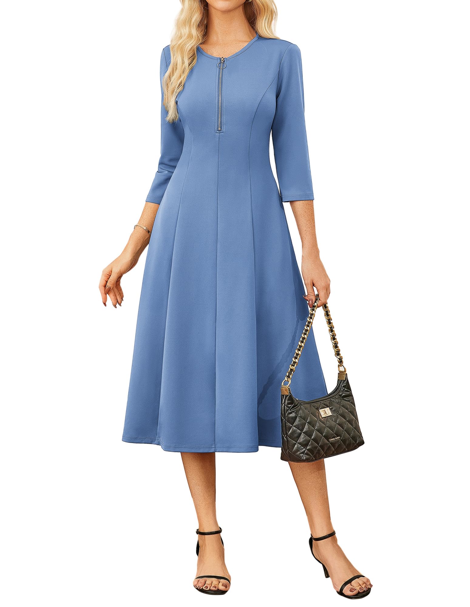 GRACE KARIN Womens Wear to Work Dresses Funeral Dress 3/4 Sleeve Zipper Front Empire Waist Aline Dress with Pockets - 7DAY'S