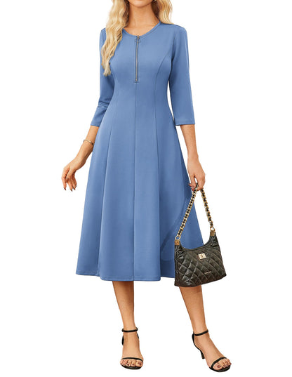 GRACE KARIN Womens Wear to Work Dresses Funeral Dress 3/4 Sleeve Zipper Front Empire Waist Aline Dress with Pockets - 7DAY'S