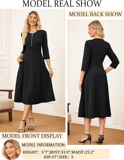 GRACE KARIN Womens Wear to Work Dresses Funeral Dress 3/4 Sleeve Zipper Front Empire Waist Aline Dress with Pockets - 7DAY'S