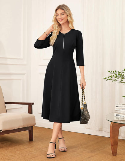 GRACE KARIN Womens Wear to Work Dresses Funeral Dress 3/4 Sleeve Zipper Front Empire Waist Aline Dress with Pockets - 7DAY'S