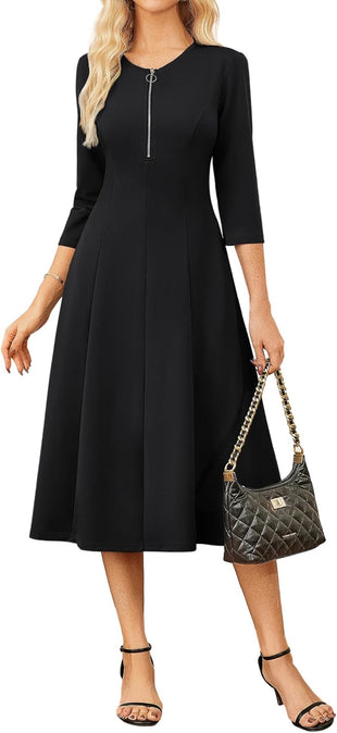 GRACE KARIN Womens Wear to Work Dresses Funeral Dress 3/4 Sleeve Zipper Front Empire Waist Aline Dress with Pockets