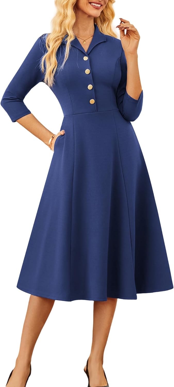 GRACE KARIN Work Dresses for Women 2025 3/4 Sleeve V - Neck Semi Formal Fit and Flare Church Dresses with Pockets - 7DAY'S