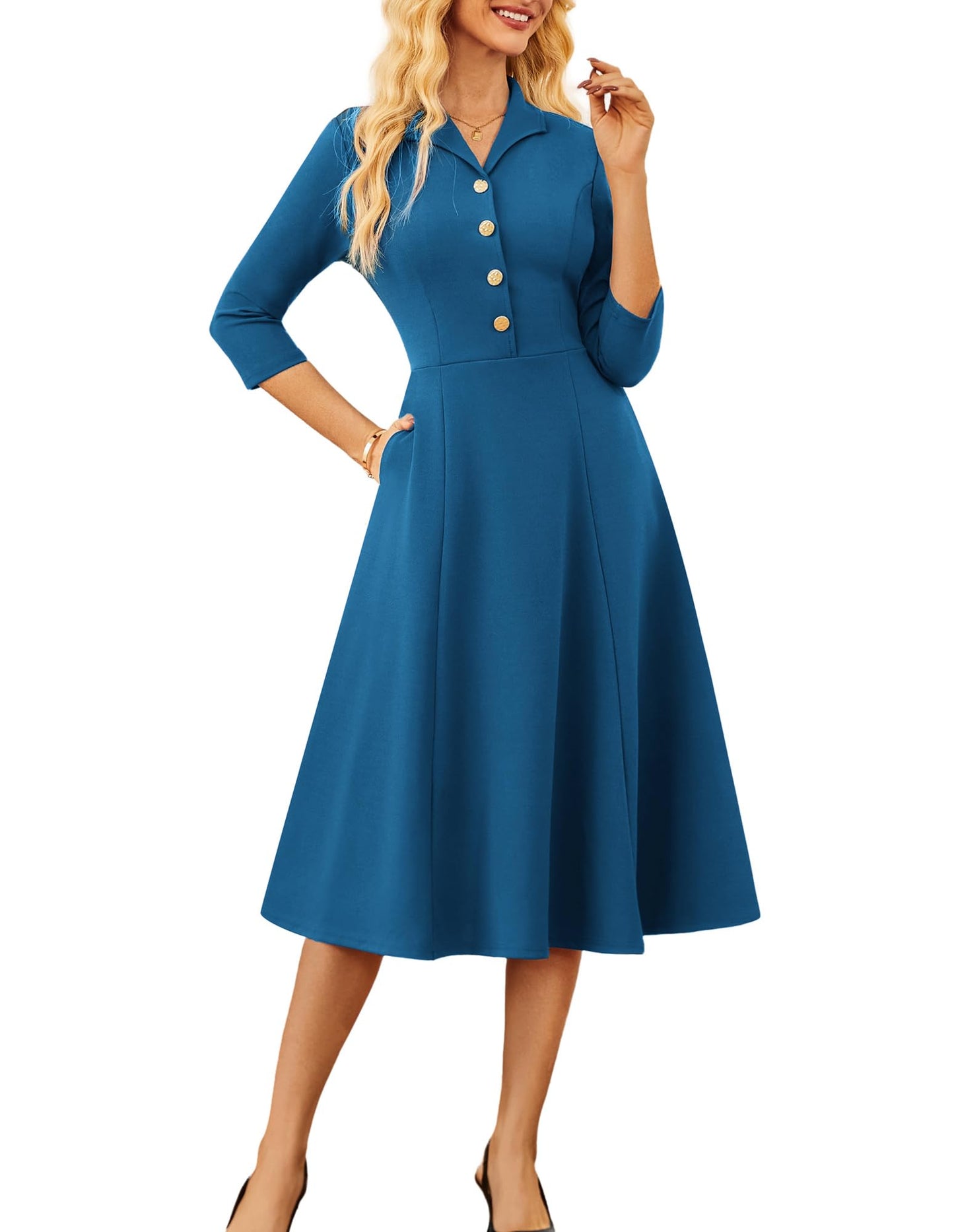 GRACE KARIN Work Dresses for Women 2025 3/4 Sleeve V - Neck Semi Formal Fit and Flare Church Dresses with Pockets - 7DAY'S