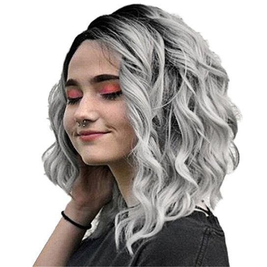 Gradient Gray Side Parting Curly Wig Women Shoulder Length Cosplay Hairpiece - 7DAY'S