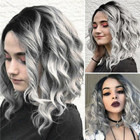 Gradient Gray Side Parting Curly Wig Women Shoulder Length Cosplay Hairpiece - 7DAY'S