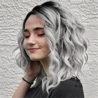 Gradient Gray Side Parting Curly Wig Women Shoulder Length Cosplay Hairpiece - 7DAY'S