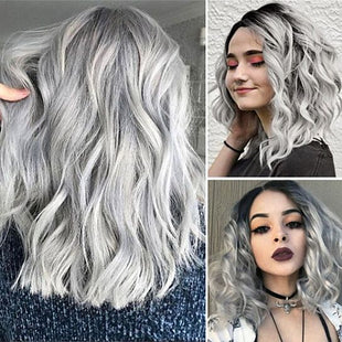 Gradient Gray Side Parting Curly Wig Women Shoulder Length Cosplay Hairpiece - 7DAY'S