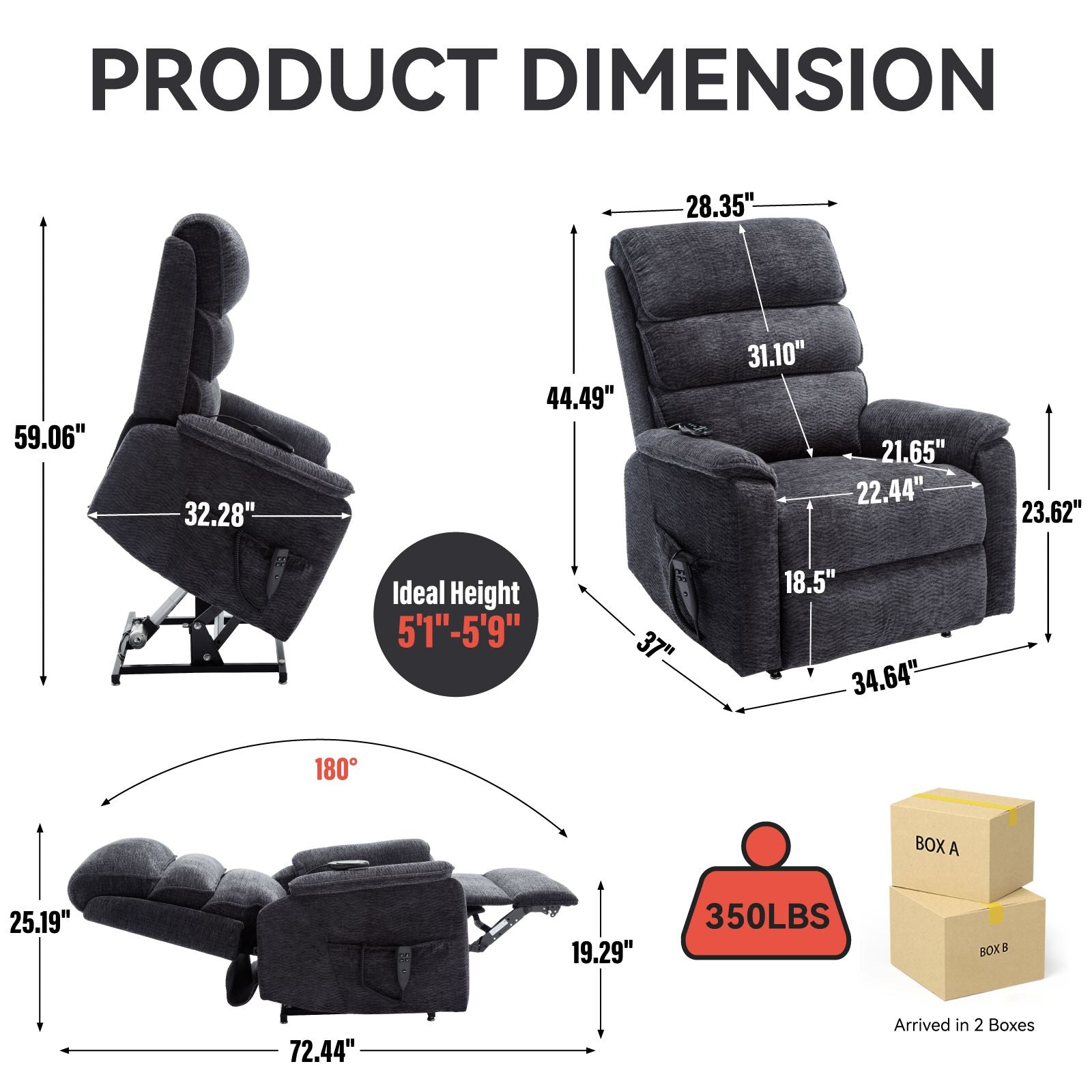 Grey Chenille Dual Motor Infinite Position Up to 350 LBS Power Lift Recliner Chair with Power - Remote, Heat Massage and Heavy Duty Motion Mechanism - 7DAY'S