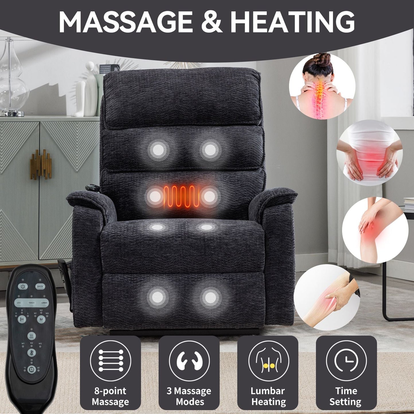Grey Chenille Dual Motor Infinite Position Up to 350 LBS Power Lift Recliner Chair with Power - Remote, Heat Massage and Heavy Duty Motion Mechanism - 7DAY'S