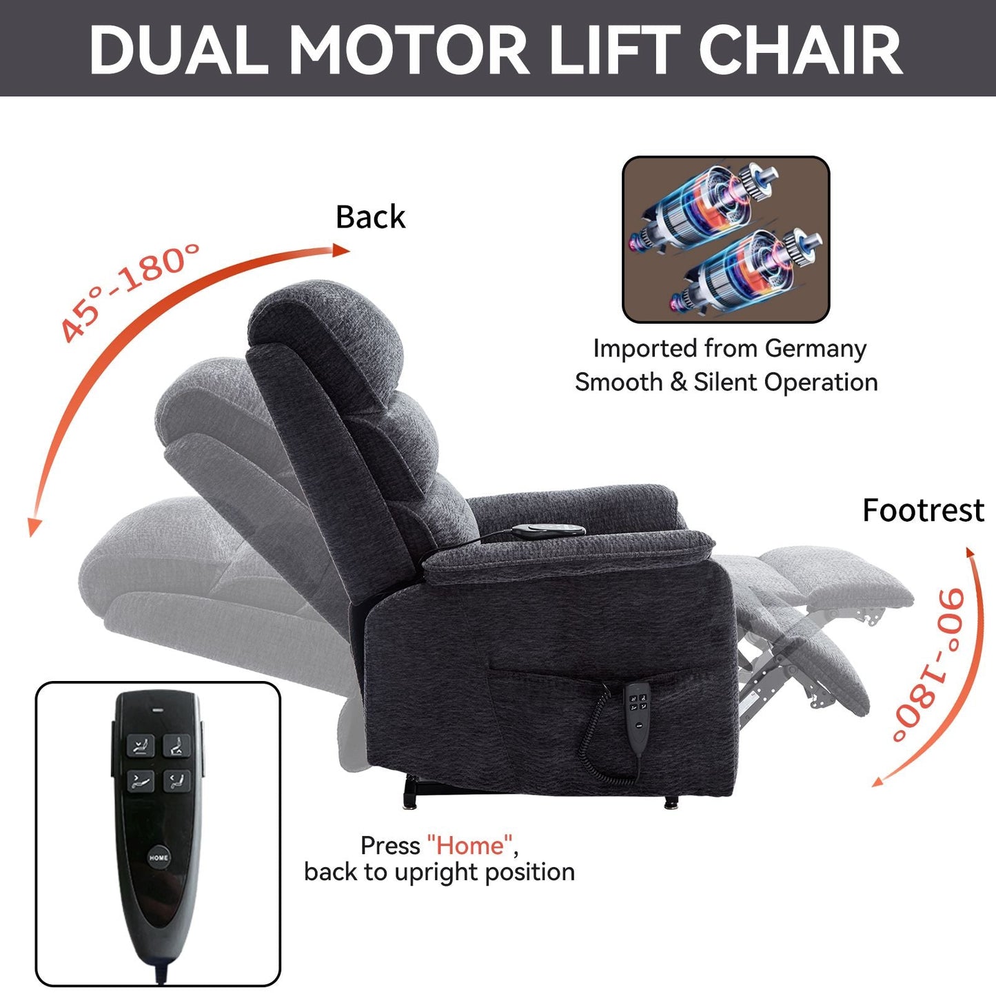 Grey Chenille Dual Motor Infinite Position Up to 350 LBS Power Lift Recliner Chair with Power - Remote, Heat Massage and Heavy Duty Motion Mechanism - 7DAY'S
