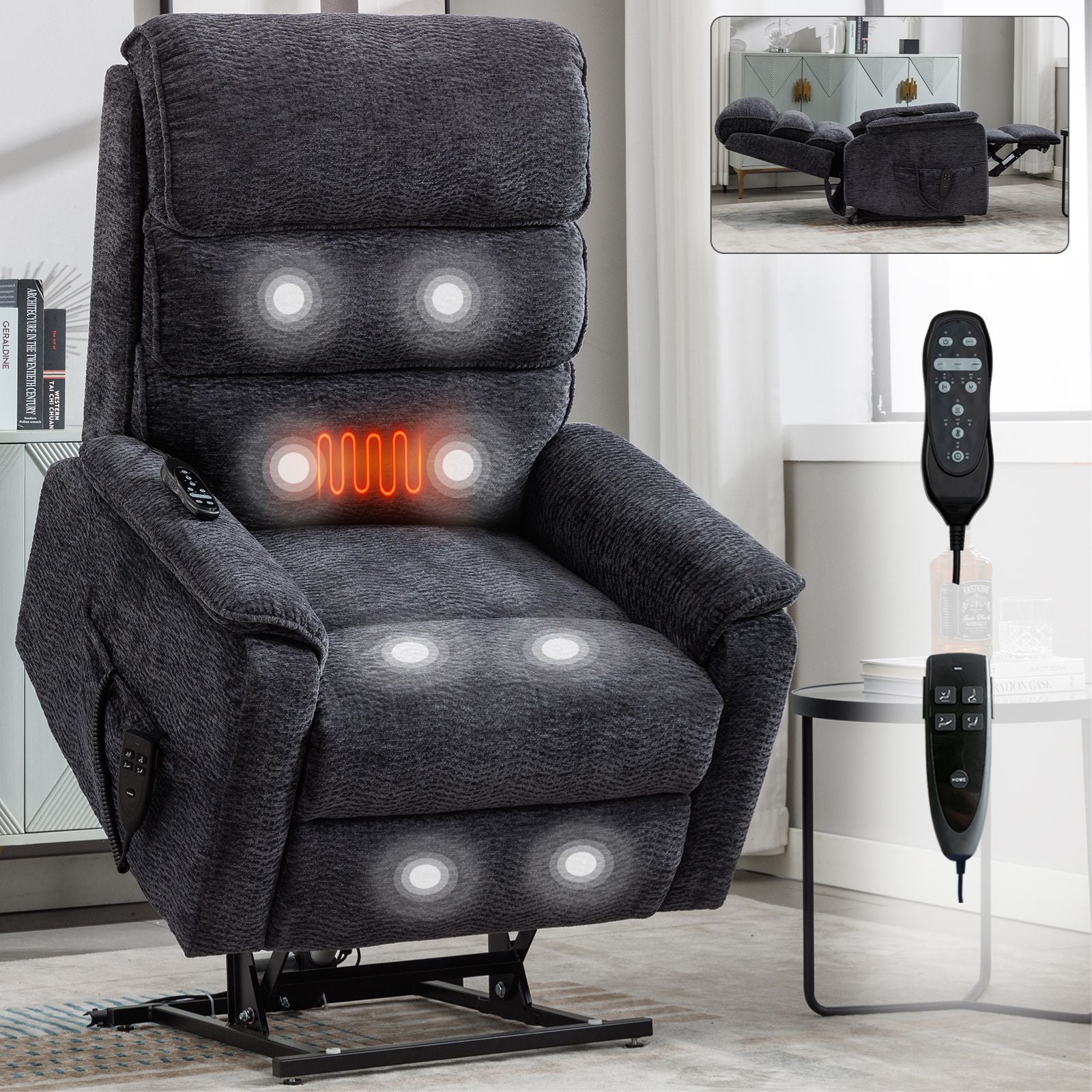 Grey Chenille Dual Motor Infinite Position Up to 350 LBS Power Lift Recliner Chair with Power - Remote, Heat Massage and Heavy Duty Motion Mechanism - 7DAY'S