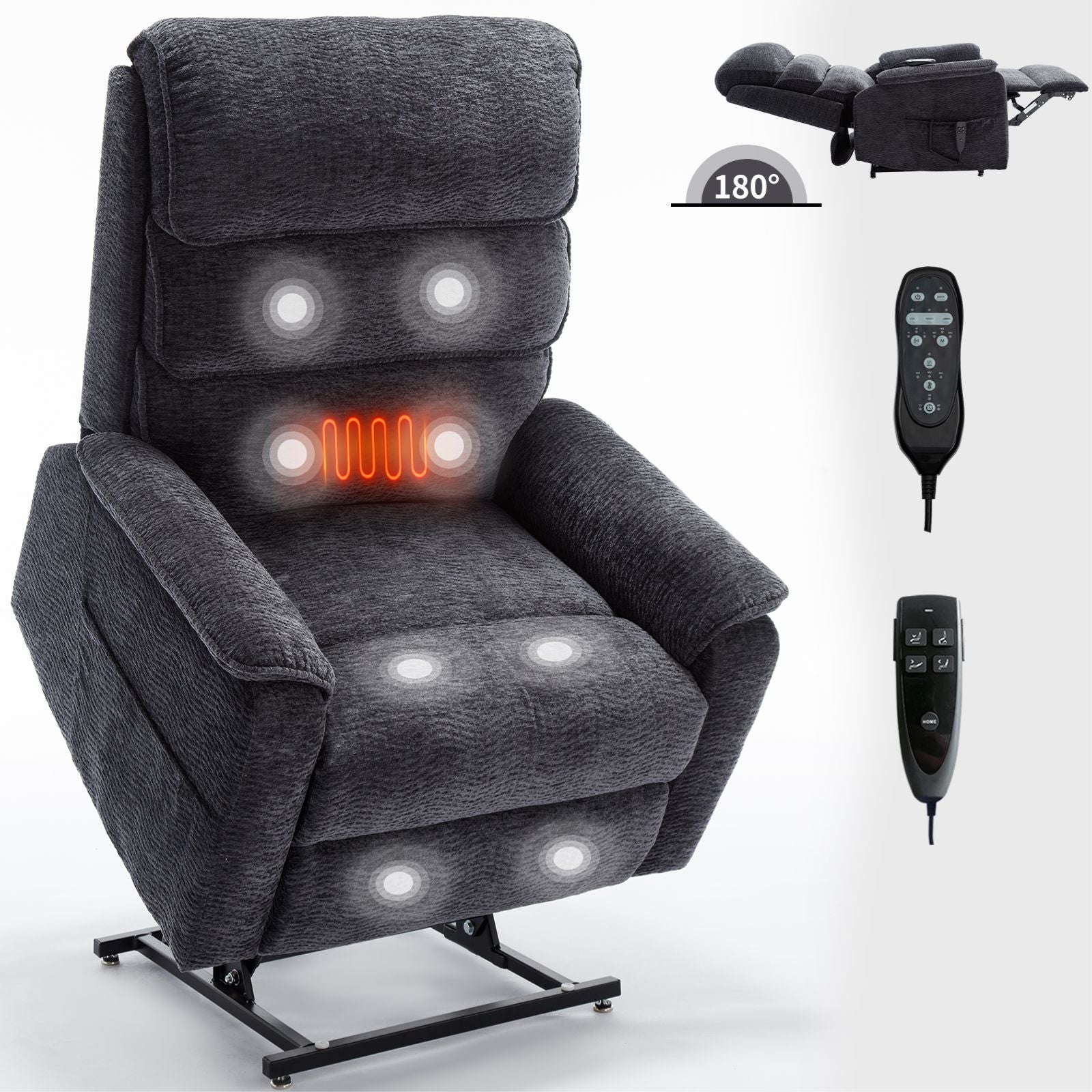 Grey Chenille Dual Motor Infinite Position Up to 350 LBS Power Lift Recliner Chair with Power - Remote, Heat Massage and Heavy Duty Motion Mechanism - 7DAY'S
