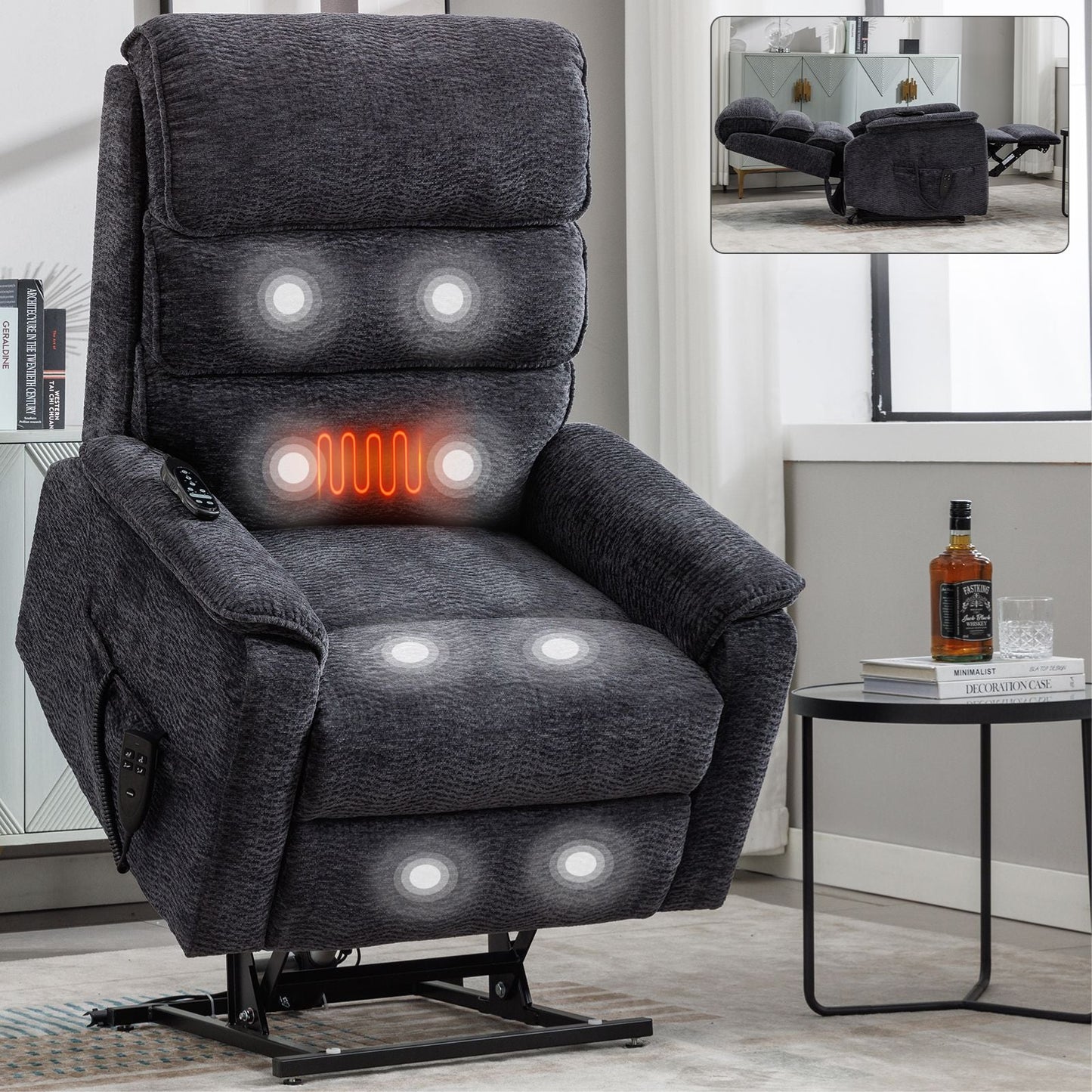 Grey Chenille Dual Motor Infinite Position Up to 350 LBS Power Lift Recliner Chair with Power - Remote, Heat Massage and Heavy Duty Motion Mechanism - 7DAY'S