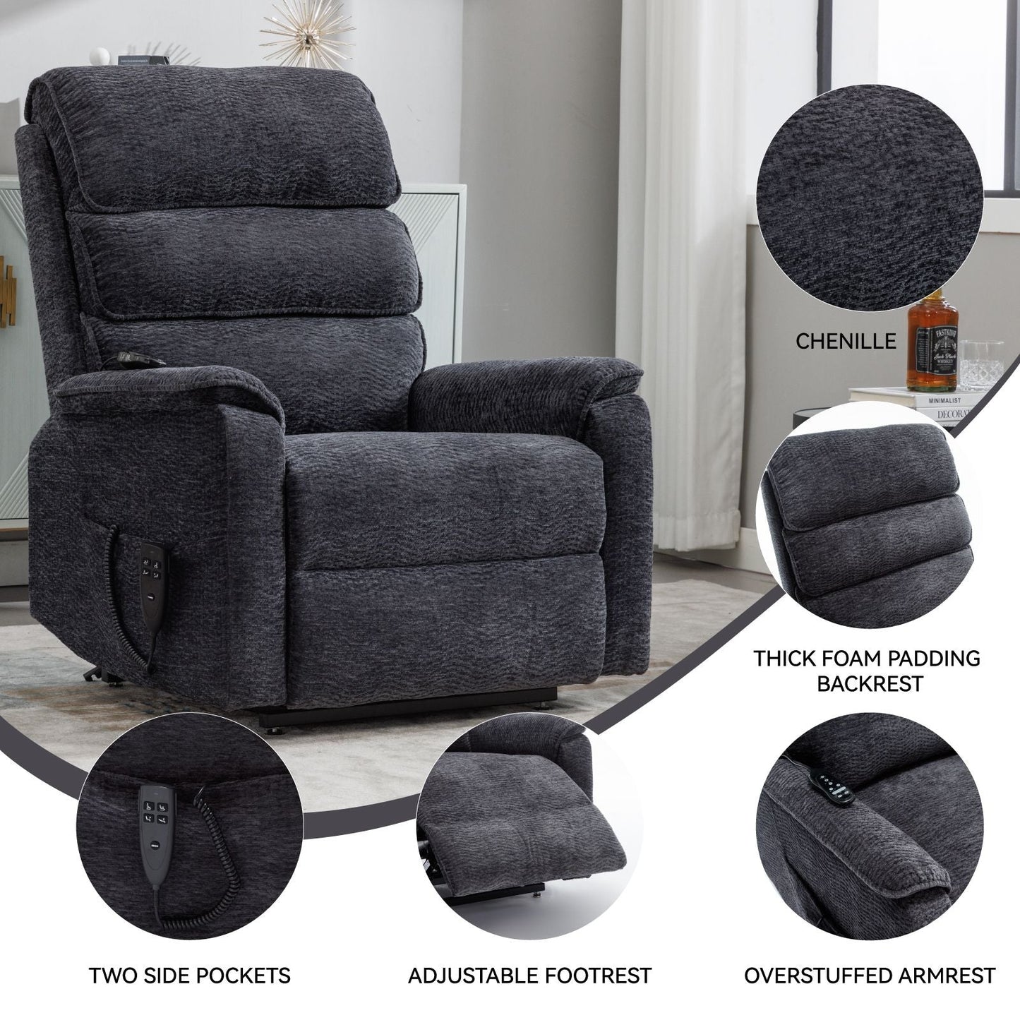 Grey Chenille Dual Motor Infinite Position Up to 350 LBS Power Lift Recliner Chair with Power - Remote, Heat Massage and Heavy Duty Motion Mechanism - 7DAY'S