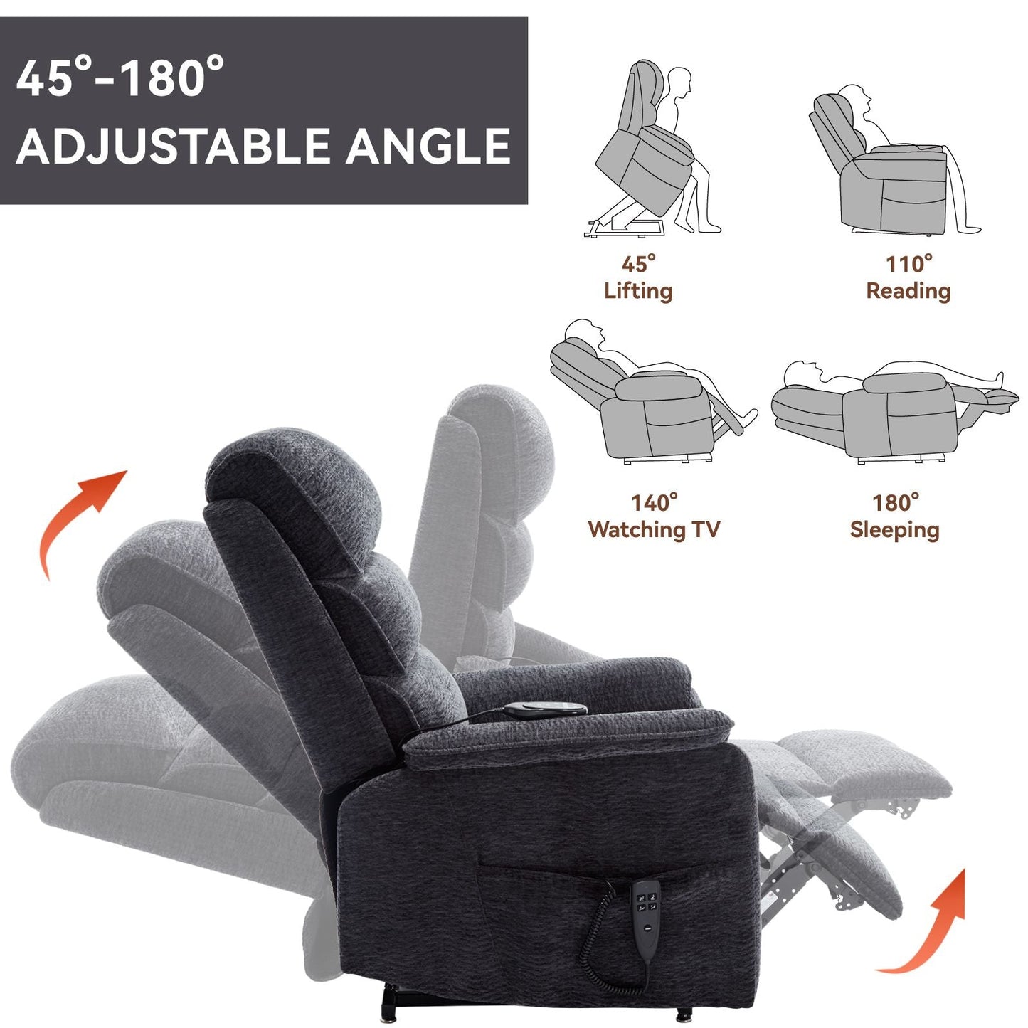 Grey Chenille Dual Motor Infinite Position Up to 350 LBS Power Lift Recliner Chair with Power - Remote, Heat Massage and Heavy Duty Motion Mechanism - 7DAY'S