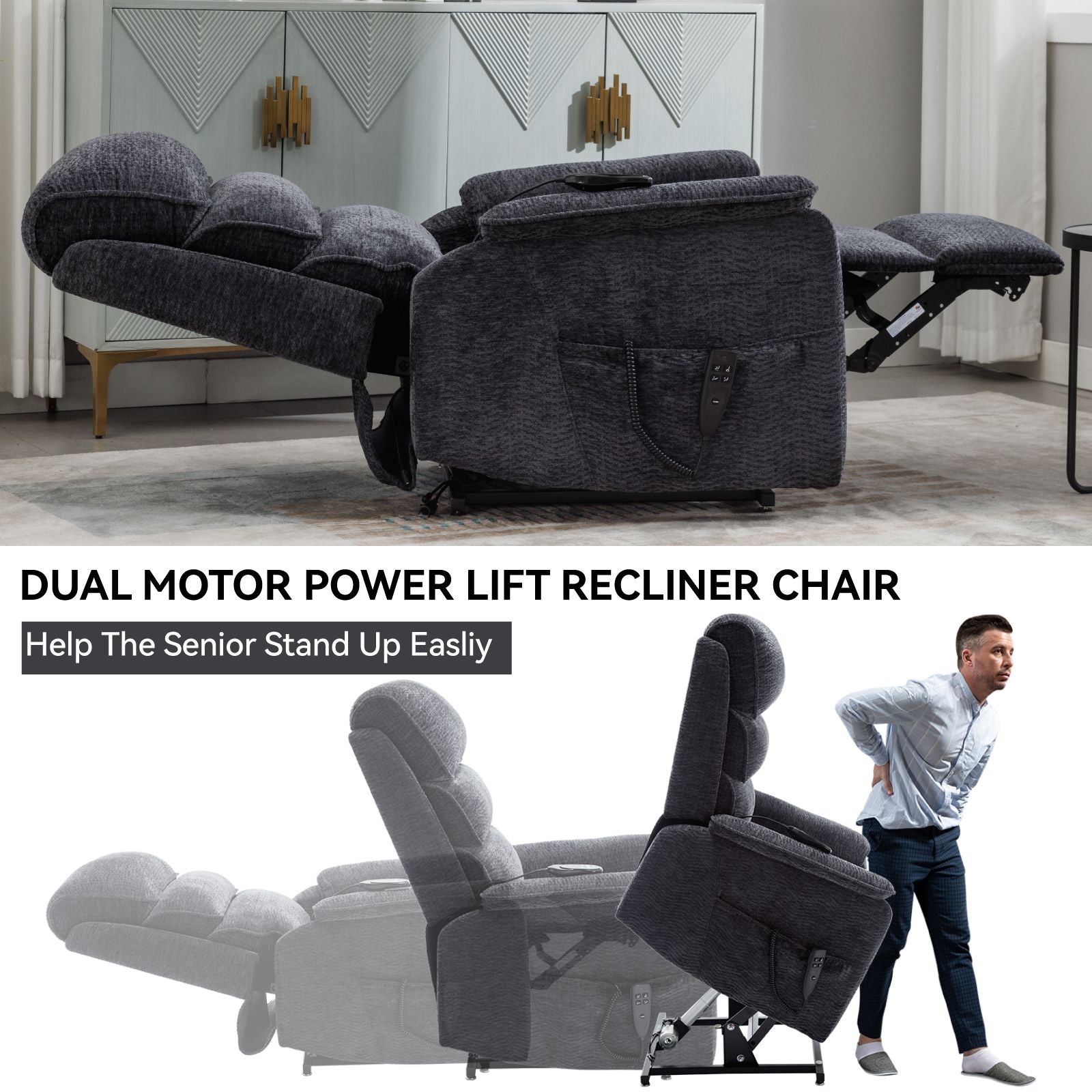 Grey Chenille Dual Motor Infinite Position Up to 350 LBS Power Lift Recliner Chair with Power - Remote, Heat Massage and Heavy Duty Motion Mechanism - 7DAY'S