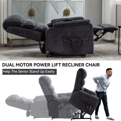 Grey Chenille Dual Motor Infinite Position Up to 350 LBS Power Lift Recliner Chair with Power - Remote, Heat Massage and Heavy Duty Motion Mechanism - 7DAY'S