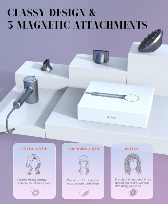 Hair Dryer High Speed Ionic, 110000 RPM Travel Blow Dryer Quiet Intelligent Heat Control Fast Drying 1400W Brushless Motor with Diffuser 2 Nozzles, 3 Temps & 2 Speeds - 7DAY'S