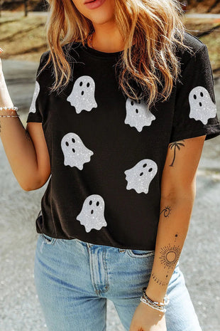 Halloween Glitter Ghost Round Neck Short Sleeve T-Shirt For women all sizes