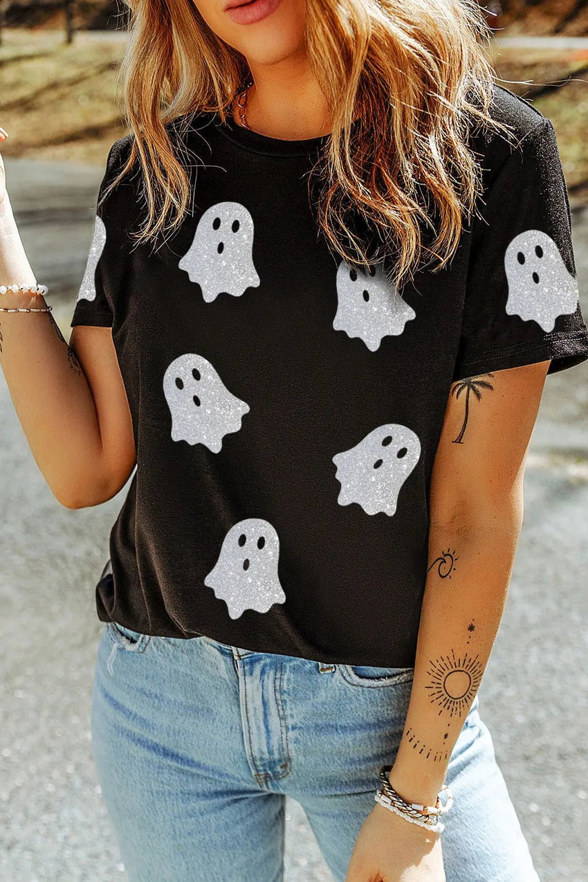 Halloween Glitter Ghost Round Neck Short Sleeve T-Shirt For women all sizes - 7DAY'S