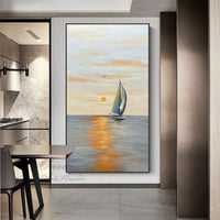 Hand Painted Original Seascape Oil Painting On Canvas Abstract Sunrise Landscape Painting Modern Ocean And Sailboat Canvas Wall Art Nautical Wall Art - 7DAY'S