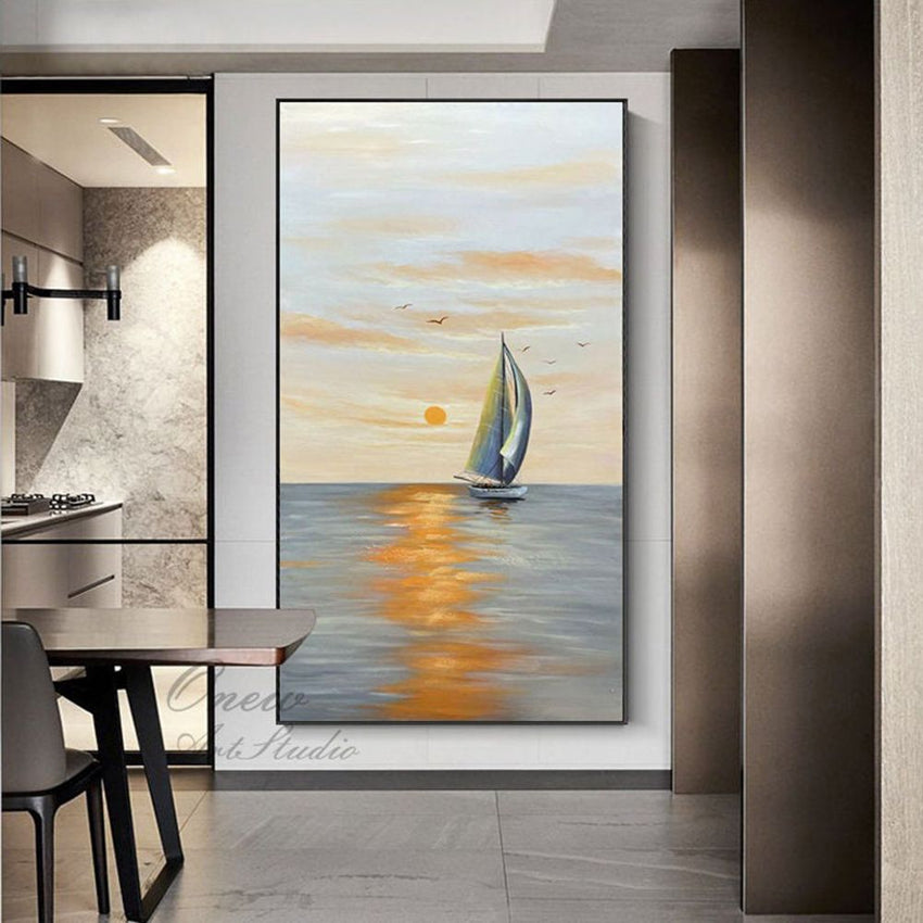 Hand Painted Original Seascape Oil Painting On Canvas Abstract Sunrise Landscape Painting Modern Ocean And Sailboat Canvas Wall Art Nautical Wall Art - 7DAY'S