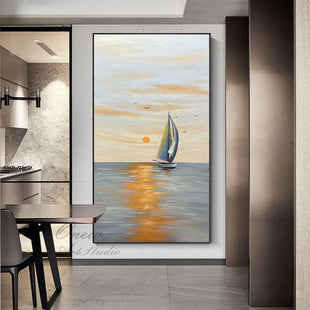 Hand Painted Original Seascape Oil Painting On Canvas Abstract Sunrise Landscape Painting Modern Ocean And Sailboat Canvas Wall Art Nautical Wall Art - 7DAY'S