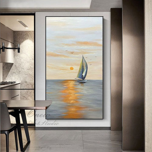 Hand Painted Original Seascape Oil Painting On Canvas Abstract Sunrise Landscape Painting Modern Ocean And Sailboat Canvas Wall Art Nautical Wall Art - 7DAY'S