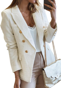 Happy Sailed Womens Tweed Blazers Casual Long Sleeve Double Breasted Open Front Blazer Jackets Work Suits - 7DAY'S