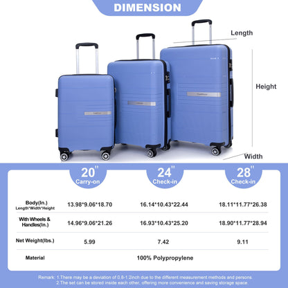 Hardshell Suitcase Double Spinner Wheels PP Luggage Sets Lightweight Durable Suitcase with TSA Lock,3 - Piece Set (20/24/28) , Purplish Blue - 7DAY'S