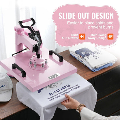 Heat Press Machine 15x15 in 8 in 1 with 30oz Tumbler Press T-Shirts Pink - 7DAY'S