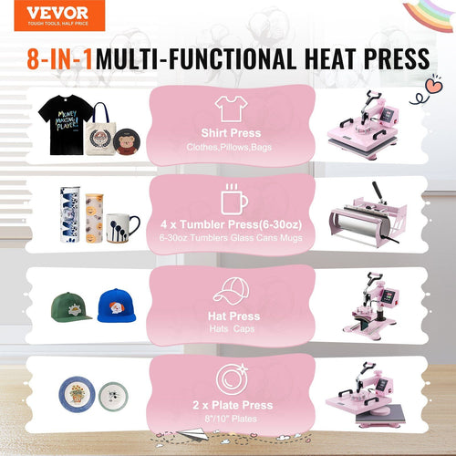 Heat Press Machine 15x15 in 8 in 1 with 30oz Tumbler Press T-Shirts Pink - 7DAY'S