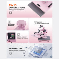 Heat Press Machine 15x15 in 8 in 1 with 30oz Tumbler Press T-Shirts Pink - 7DAY'S
