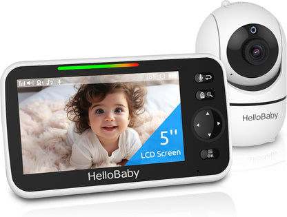 HelloBaby No WiFi Baby Monitor 5" Screen 30 - Hour Battery Pan - Tilt - Zoom Video Upgrade with Camera and Audio, Night Vision, VOX, 2 - Way Talk, 8 Lullabies and 1000ft Range - 7DAY'S