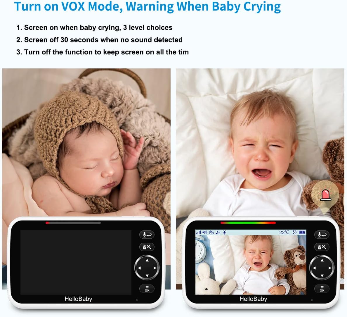 HelloBaby No WiFi Baby Monitor 5" Screen 30 - Hour Battery Pan - Tilt - Zoom Video Upgrade with Camera and Audio, Night Vision, VOX, 2 - Way Talk, 8 Lullabies and 1000ft Range - 7DAY'S