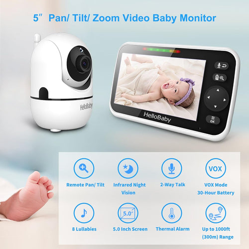 HelloBaby No WiFi Baby Monitor 5" Screen 30 - Hour Battery Pan - Tilt - Zoom Video Upgrade with Camera and Audio, Night Vision, VOX, 2 - Way Talk, 8 Lullabies and 1000ft Range - 7DAY'S