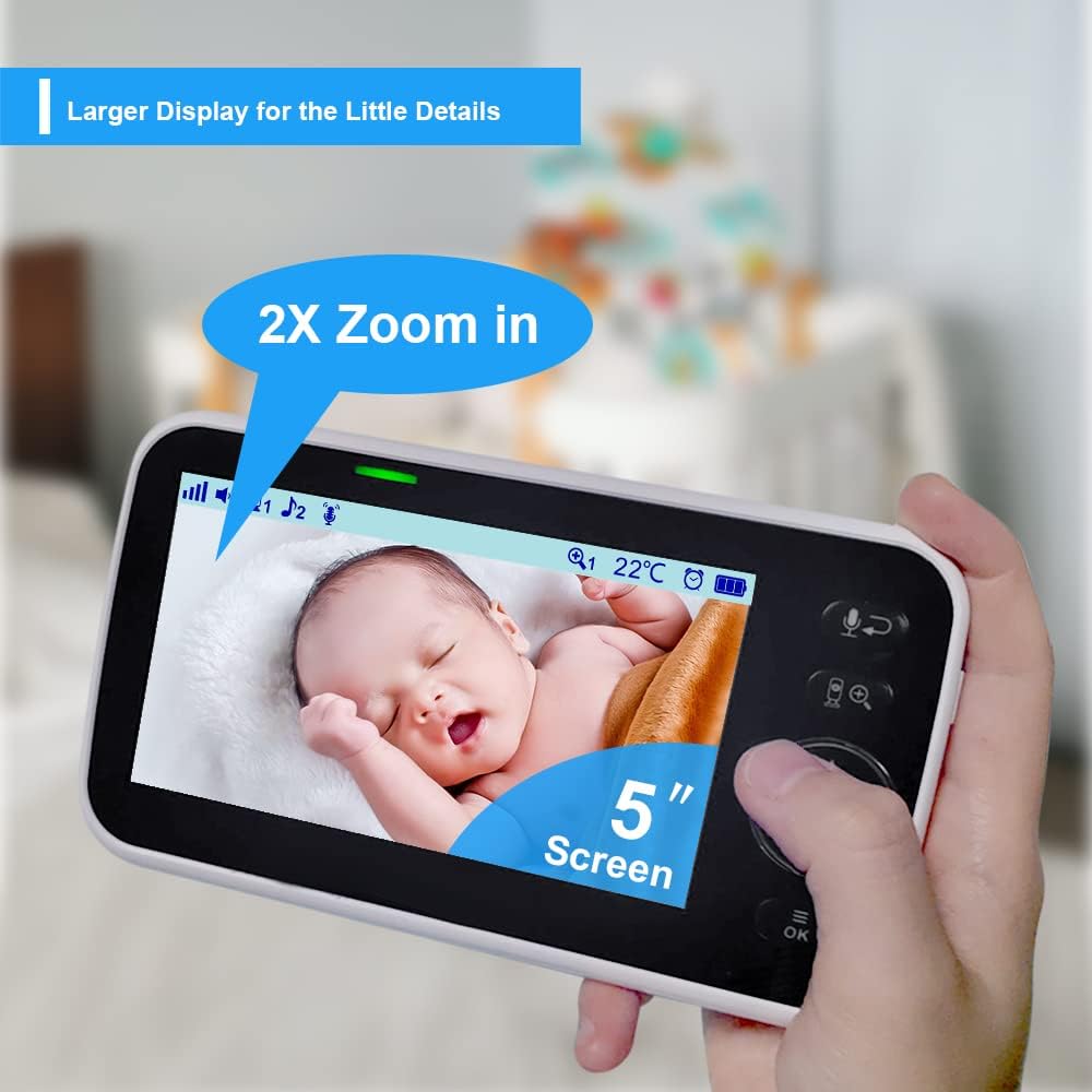 HelloBaby No WiFi Baby Monitor 5" Screen 30 - Hour Battery Pan - Tilt - Zoom Video Upgrade with Camera and Audio, Night Vision, VOX, 2 - Way Talk, 8 Lullabies and 1000ft Range - 7DAY'S