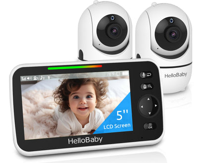 HelloBaby No WiFi Baby Monitor 5" Screen 30 - Hour Battery Pan - Tilt - Zoom Video Upgrade with Camera and Audio, Night Vision, VOX, 2 - Way Talk, 8 Lullabies and 1000ft Range - 7DAY'S
