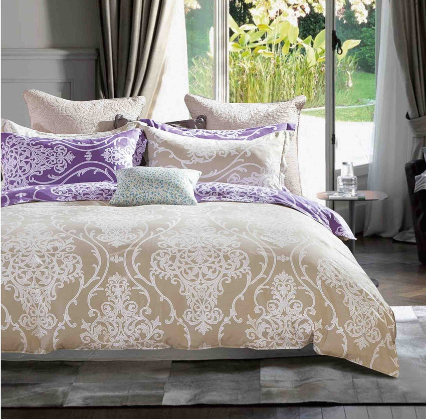 Hermman Beige/Purple Damask 100% Cotton Comforter Set - 7DAY'S