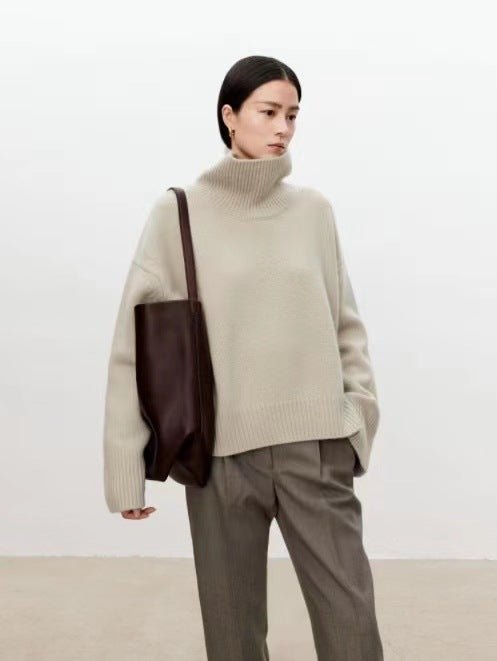 High neck cashmere sweater for women loose and thick with Woolen sweater with a knitted base - 7DAY'S